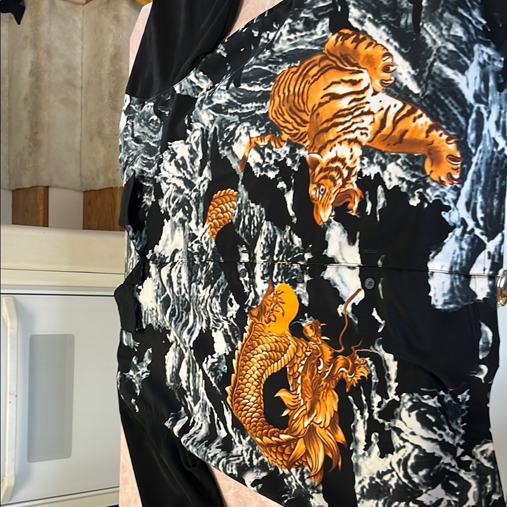 Black and Orange Tiger and Dragon Print Shirt